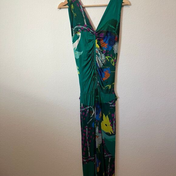 Etro Milano Turquoise Green Abstract Floral Ruched Maxi Dress Women's 46 US 10 - Picture 5 of 7